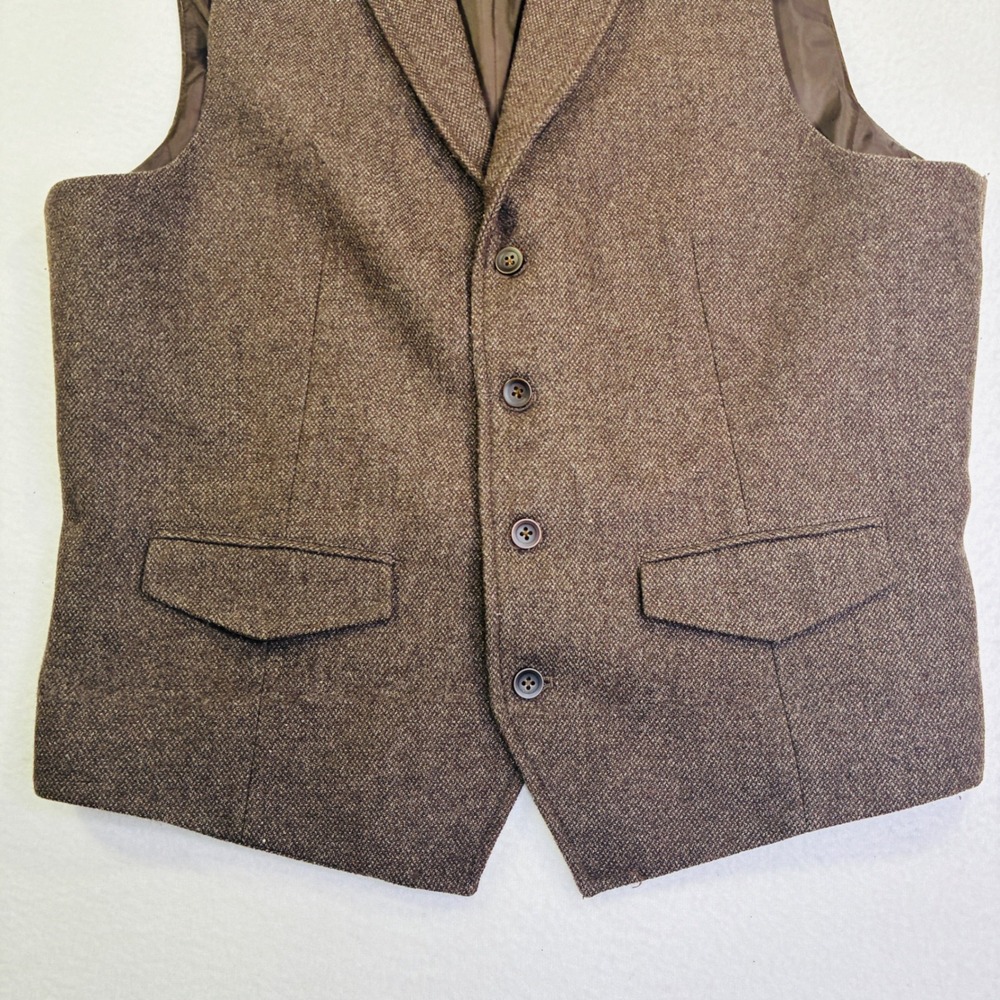 Tasso Elba Mens Brown Wool Blend Tweed Vest Large Notched Lapel Cinch Back L - Picture 4 of 8